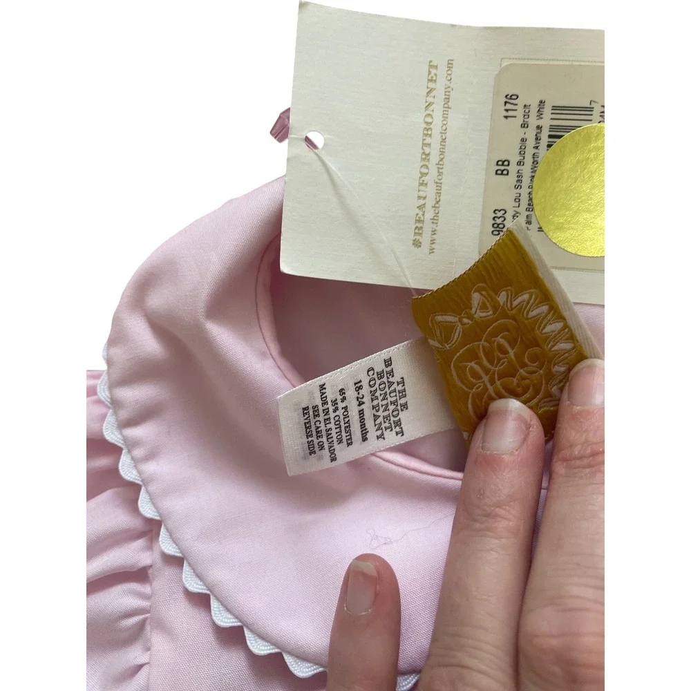 The Beaufort Bonnet Company Cindy Lou Sash Bubble Palm Beach Pink White 18-24M